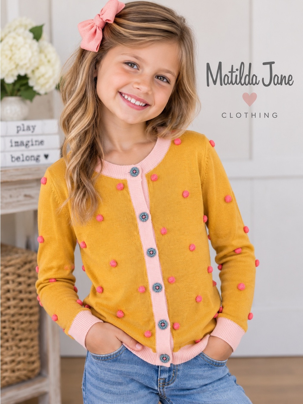 Matilda Jane Girls Size 8 Mustard Pink Pom Pom Cardigan Sweater
